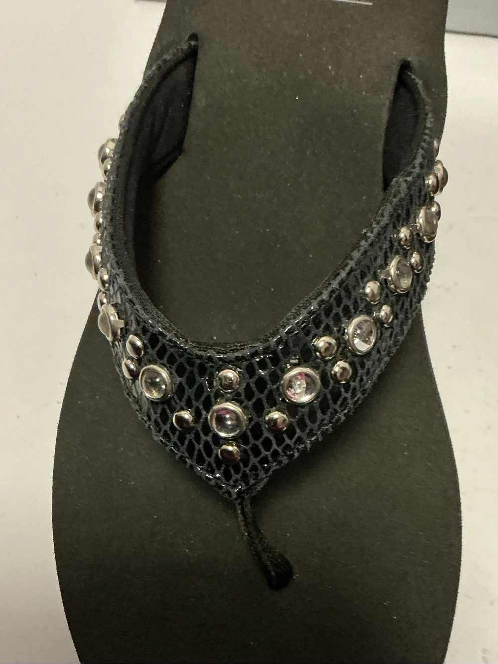 Volatile Black Wedge Thong Sandals with Crystal Accents